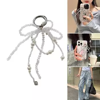 Брелок-подвеска в виде хрустального банта, брелок для телефона ручной работы, модный жемчужный бисерный бант, украшение для рюкзака и сумки