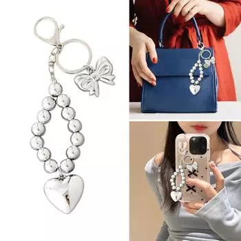 Брелок-подвеска в виде сердца с бантом, бусины, телефонный шарм, модные банты, подвески для телефона, брелок ручной работы, аксессуар для сумки 2