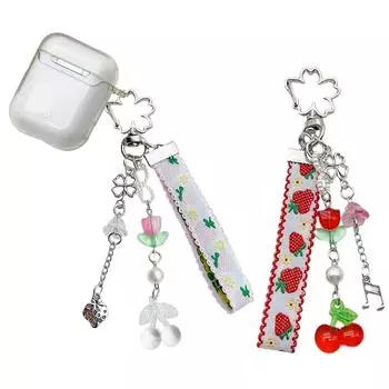 Брелок с лентой и цветком клубники и вишни, очаровательный красочный брелок для ключей для женщин и девочек, аксессуары для сумок, украшение для кошелька розовый