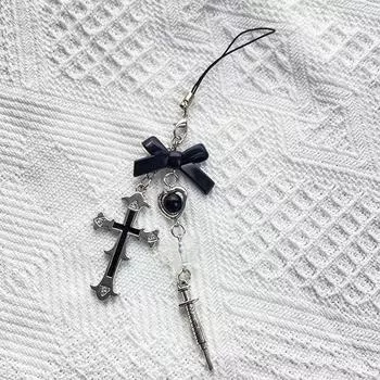 Брелок с подвеской для телефона, Kawaii-милый брелок, шнурок, черный ремешок с крестом и бантом, ремешок из бисера, Y2K для женщин и девочек 1