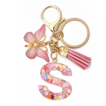 Брелок с подвеской в виде бабочки с кисточками, разноцветные сердечки, блестки, начальная буква, брелок для рюкзака, сумки, ключа от машины S