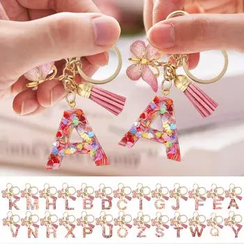 Брелок с подвеской в виде бабочки с кисточками, разноцветные сердечки, блестки, начальная буква, брелок для рюкзака, сумки, ключа от машины L