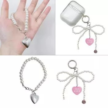 Брелок с подвеской в виде сердца с бантом, подвеска для телефона из бисера, съемный бантик, ремешок для телефона, брелок ручной работы, ювелирные изделия для сумки, кошелька T1