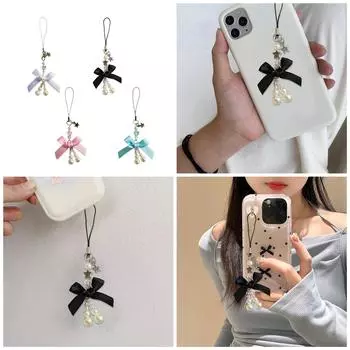 Брелок со звездой и бантом, кулон, жемчуг, бисер, брелок с узлом-бабочкой, модный орнамент с украшением для телефонов и сумок розовый