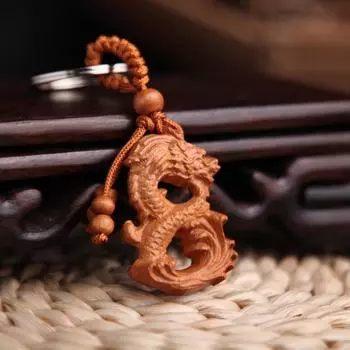 Брелок в китайском стиле из персикового дерева, брелок с изображением дракона, брелок с резьбой по дереву, подвеска для ключей от машины, украшение для рюкзака, амулет на удачу