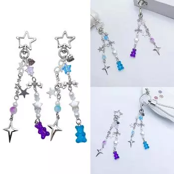 Брелок в виде медведя с бантом, симпатичный, с украшениями на сумку, звездой, бисером, телефоном, цепочкой, рюкзаком, декором для женщин и девочек, автомобильный брелок, подарок фиолетовый