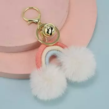 Брелок в виде радужного мехового шарика в стиле бохо с хлопковой веревкой ручной работы и подвеской из искусственного меха кролика розовый/красный