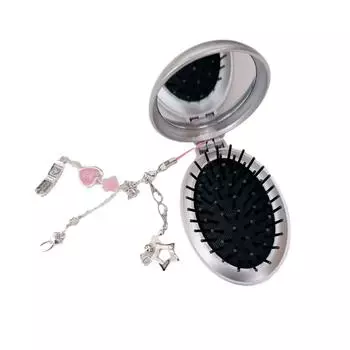 Брелок-зеркальце для макияжа со стразами и складной расческой-подвеской, пластиковая текстура, идеально подходит для модных и любящих ретро леди