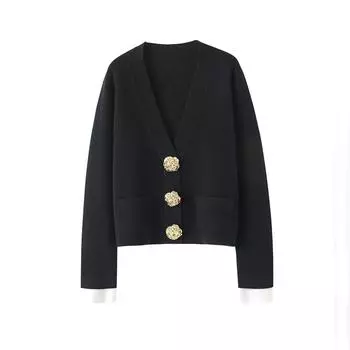 Бренд-дизайнер Элегантный вязаный свитер Женский кардиган с большими золотыми пуговицами Пальто Винтаж Шикарный модный контрастный цвет Джемперы с длинными рукавами One Size белый