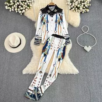 Бренд-дизайнер, винтажный принт с цепочкой, костюм для подиума, женская мода, рубашка с отложным воротником, топ и тонкие брюки-карандаш, комплект из двух предметов, наряды M белый