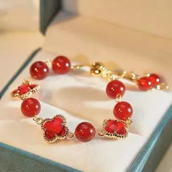 Бренд Mihmily - Браслет из четырехлистного клевера из красного агата, регулируемый, привлекает любовь и приносит удачу.