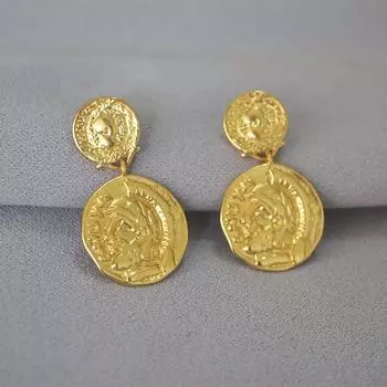 Бренд Mihmily - серьги с золотыми монетами в римском стиле с рельефной головкой, нишевый дизайн в стиле ретро. золотой