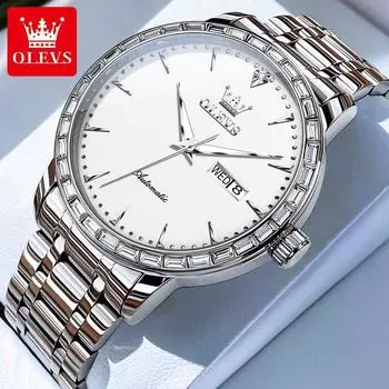 Бренд OLEVS, простые автоматические механические часы для отдыха, мужские модные водонепроницаемые деловые часы со стальным ремнем и бриллиантами, мужские часы