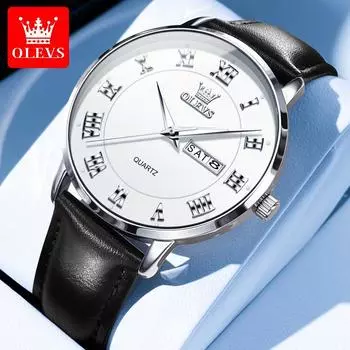 Бренд OLEVS с двойным календарем, светящиеся в темноте, водонепроницаемые мужские часы, кожаные деловые повседневные мужские часы для пар
