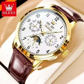 Бренд OLEVS с пряжкой и бантом, ремень с вечным календарем, механические часы, мужские часы, мужские часы