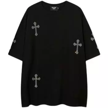 Бренд Tide, свободная женская футболка в стиле хип-хоп с горячим бриллиантом и крестом, дизайн в американском стиле High Street, свободная женская футболка 2XL чёрный