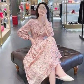 Брендовая Дисконтная Женская Одежда Срезанная Этикетка Брендовая Снятая с Прилавка Экспортное Цветочное Платье с Длинными Рукавами Модное Приталенное Платье-Слимминг Pink L