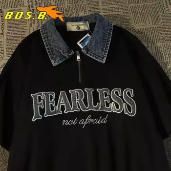 Брендовая футболка Tide, мужская летняя рубашка поло в гонконгском стиле, повседневный джинсовый топ на молнии в студенческом стиле 2XL белый