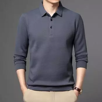 Брендовая рубашка-поло, мужская рубашка-поло с длинным рукавом, деловая повседневная рубашка-поло, мужская одежда, весенне-осенняя однотонная мужская футболка с отложным воротником M чёрный