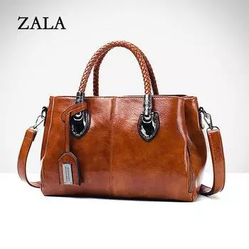 Брендовая сумка на плечо, женская масляная восковая кожаная сумка с ручкой, винтажная сумка через плечо, сумка с несколькими карманами большой вместительности 28*12*20cm коричневый