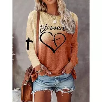 Брендовая женская футболка с принтом в виде сердца, мультяшной живописи и принта, повседневная хлопковая футболка с длинными рукавами и круглым вырезом для выходных, базовая незаменимая футболка L