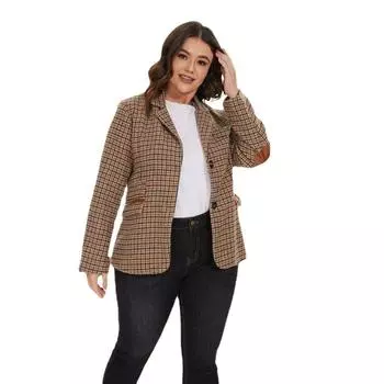 Брендовая женская классическая однобортная верхняя одежда в клетку на локтях в стиле пэчворк XS хаки