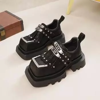 Брендовая женская обувь 2024 года, модные женские туфли с квадратным носком и металлическим декором, повседневные и универсальные туфли в стиле панк-готика на толстой подошве Zaptos 35 чёрный