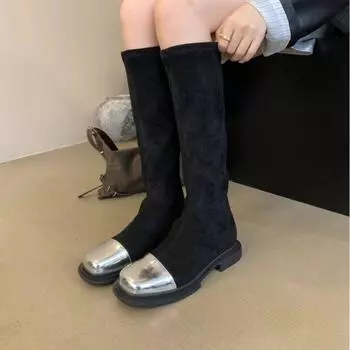 Брендовая женская обувь 2024 года, зимние модные женские сапоги в корейском стиле с круглым носком, удобные замшевые женские сапоги на низком каблуке до колена 35 серебряный