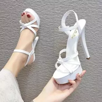 Брендовая женская обувь на высоком каблуке и платформе, сандалии, лето 2024, кожаные сандалии с пряжкой на щиколотке и ремешком, открытый носок, римские Mujer Zapatos, большие размеры 34 бежевый