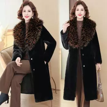 Брендовое зимнее кожаное пальто 2024 года, женское длинное выше колена, для мам среднего и пожилого возраста, большой размер, норковая шуба XL115-125 чёрный