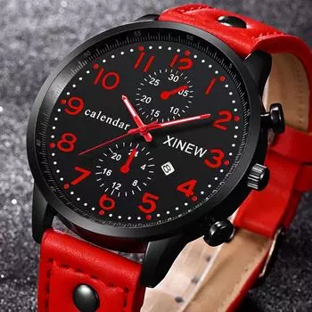 Брендовые часы Мужские кожаные ремешки с датой Спортивные армейские наручные часы красный