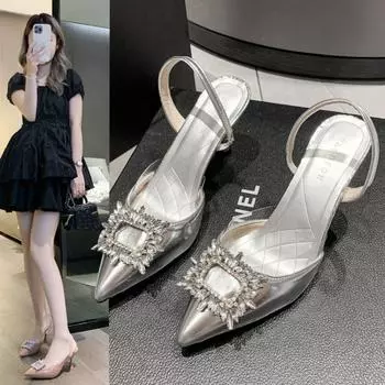 Брендовые дизайнерские серебристые босоножки на высоком каблуке, женские летние босоножки с квадратной пряжкой и кристаллами, женские туфли с острым носком и открытой пяткой, туфли для вечеринки 35