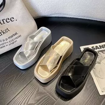Брендовые дизайнерские тапочки, новые женские сандалии на платформе с открытым носком, пляжные тапочки на массивной танкетке, сандалии Chanclas Mujer 2024 35 чёрный