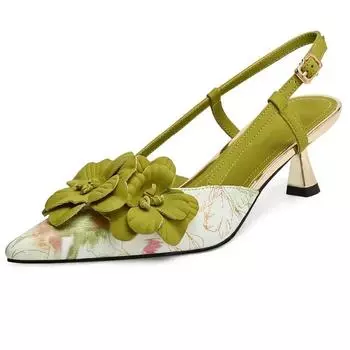 Брендовые дизайнерские туфли с цветочным принтом на высоком каблуке для женщин с острым носком, элегантные офисные туфли на низком каблуке, вечерние платья из натуральной кожи, модные сандалии для женщин 35 зелёный
