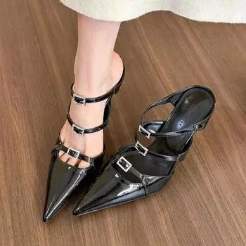 Брендовые дизайнерские женские сандалии, сексуальные тапочки с острым носком, летнее элегантное платье, тапочки с открытой пяткой, шлепанцы, высокие каблуки, женская обувь 35