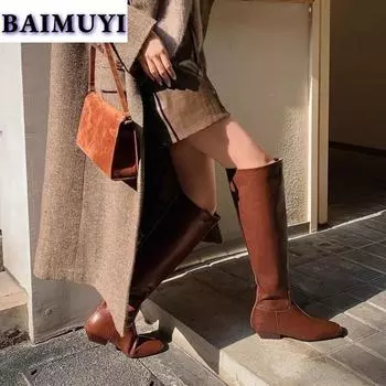 Брендовые дизайнерские женские сапоги до колена на среднем толстом каблуке 2025 года, трендовые зимние меховые кожаные готические туфли для женщин с квадратным носком, зимние ботинки Mujer 35 чёрный