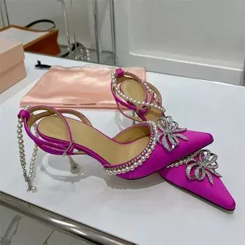 Брендовые иллюзорные цветные сандалии с жемчужной цепочкой и стразами и бантом, новые летние женские туфли в форме чашки вина на высоком каблуке 9,5 см 38