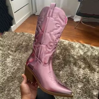 Брендовые модные женские ковбойские сапоги Westem, сапоги до середины икры, Прямая поставка, женские осенне-зимние сексуальные туфли-лодочки металлизированного цвета на высоком каблуке 42