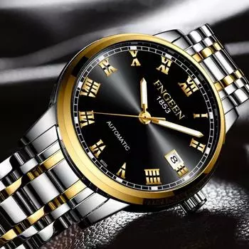Брендовые мужские автоматические механические часы FNGEEN, мужские часы с календарем из нержавеющей стали, водонепроницаемые часы с календарем