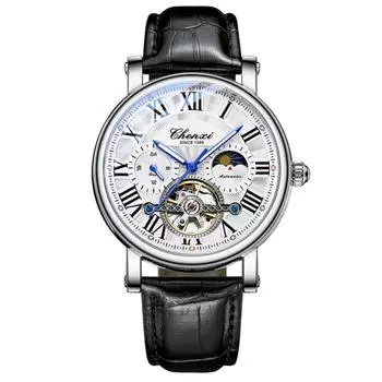 Брендовые мужские часы CHENXI, автоматические механические светящиеся кварцевые часы, кожаные часы серебряный