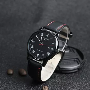 Брендовые мужские часы CHRONOS из натуральной кожи с автоматическим датированием чёрный