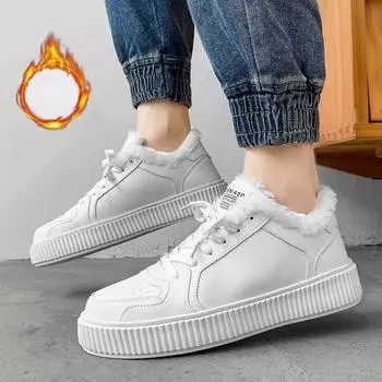 Брендовые мужские модные кроссовки на платформе для мужчин, повседневная кожаная обувь, зимние теплые плюшевые туфли для скейтборда, мужские зимние ботинки 39 чёрный