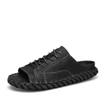 Брендовые мужские сандалии, летние сандалии из натуральной кожи, уличная мужская пляжная обувь, римские сандалии, удобная мужская повседневная обувь большого размера 41 чёрный