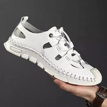 Брендовые мужские сандалии ручной работы, летние мужские сандалии, кожаные дышащие мужские оригинальные сандалии, роскошные дизайнерские мокасины, мужские тапочки 38 чёрный