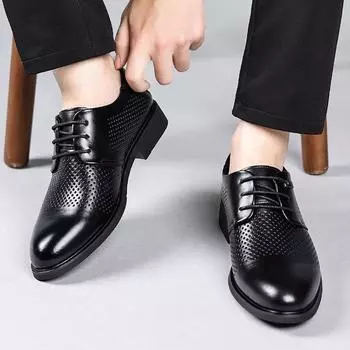 Брендовые мужские удобные летние туфли из натуральной кожи с дышащей отделкой из натуральной кожи, высококачественные мужские туфли на шнуровке для джентльменов 38 чёрный