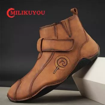 Брендовые мужские высокие ботинки, мужская кожаная обувь, зимняя мода, плюшевые теплые кроссовки для отдыха на открытом воздухе, нескользящие туфли на молнии для вождения, большой размер 48 38