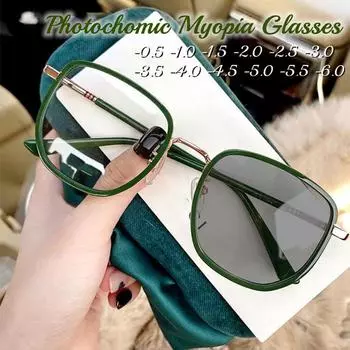 Брендовые негабаритные квадратные фотохомические очки для близорукости, женские и мужские зеленые очки Tr90 с защитой от синего света, UV400, солнцезащитные очки для близорукости, диоптрий-6,0 6