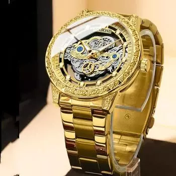 Брендовые роскошные золотые кварцевые часы для мужчин из нержавеющей стали, водонепроницаемые, светящиеся, модные мужские часы с прозрачным циферблатом