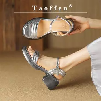 Брендовые сандалии Taoffen в лаконичном стиле, модные женские сандалии из натуральной кожи, одно слово, летние пляжные сандалии на толстой подошве, однотонная праздничная женская обувь 34 чёрный