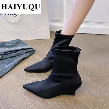 Брендовые сексуальные зимние ботильоны с острым носком, женские туфли на каблуках, зимние новые элегантные туфли-челси, туфли на танкетке для вечеринок Botas Mujer 35